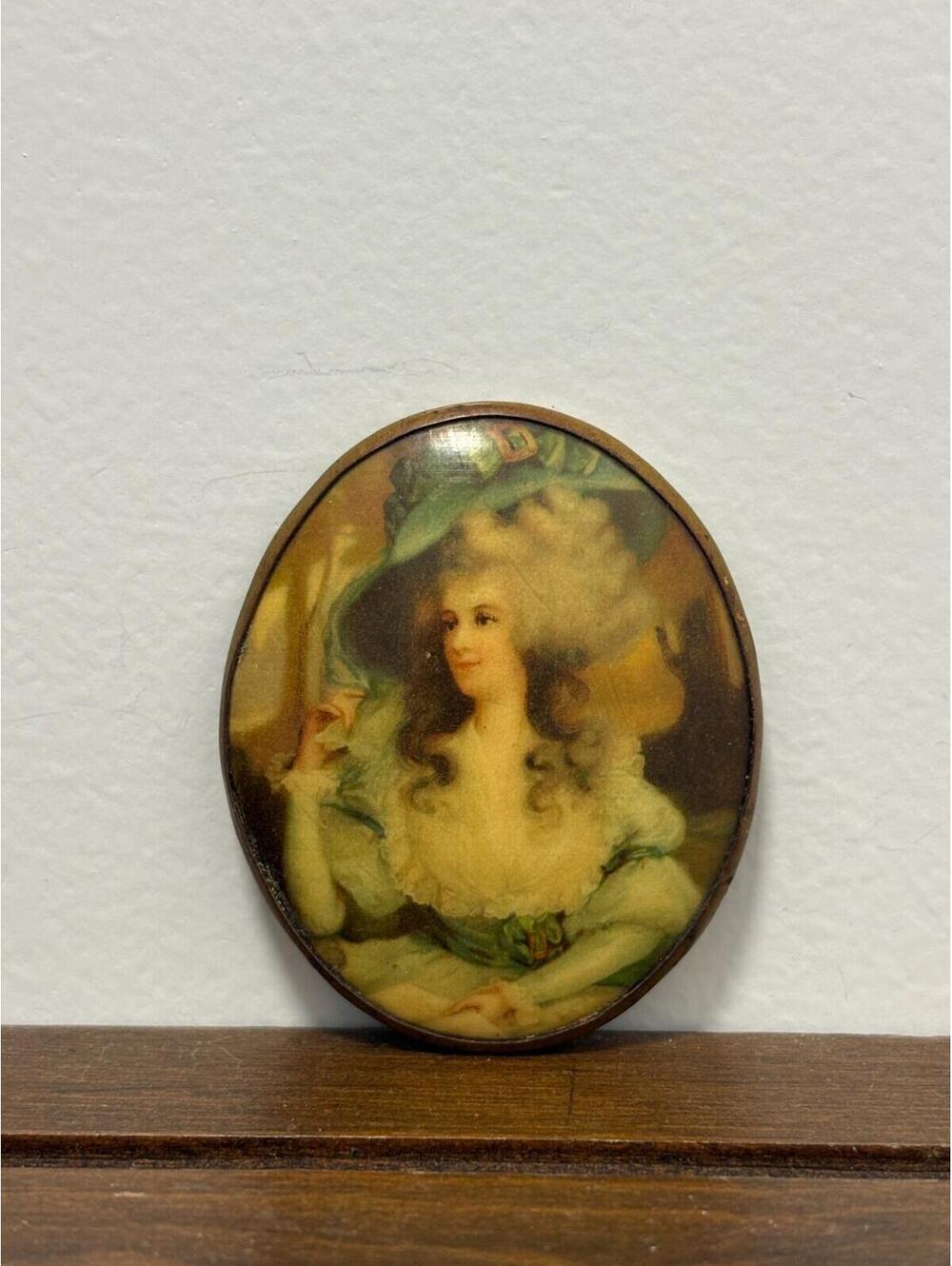Vintage Celluloid Portrait Cameo Lady Woman in Hat w/ Brass Back Brooch Antique?
